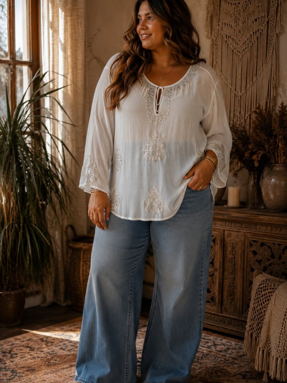 Chico’s Embroidered Sheer Boho Tunic Blouse